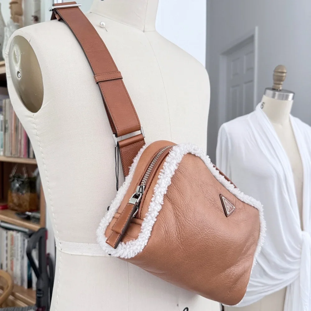 Prada Bandoliera Montone Shearling Leather Crossbody Bag Cognac 2VH181